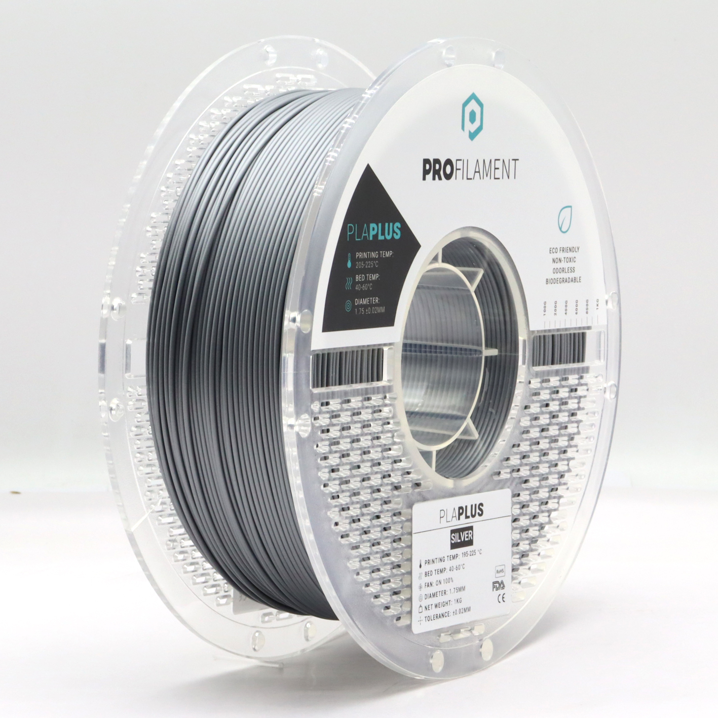 גליל פילמנט מסוג PLA Plus מתוצרת ProFilament באיכות הטובה בעולם בצבע כסף – 1.75mm 1KG